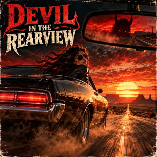 Devil In The Rearview cover art: a classic car on a desert highway seen in a rearview mirror at sunset