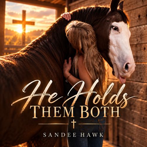 He Holds Them Both cover art: a girl resting her head against a white horse near a wooden cross