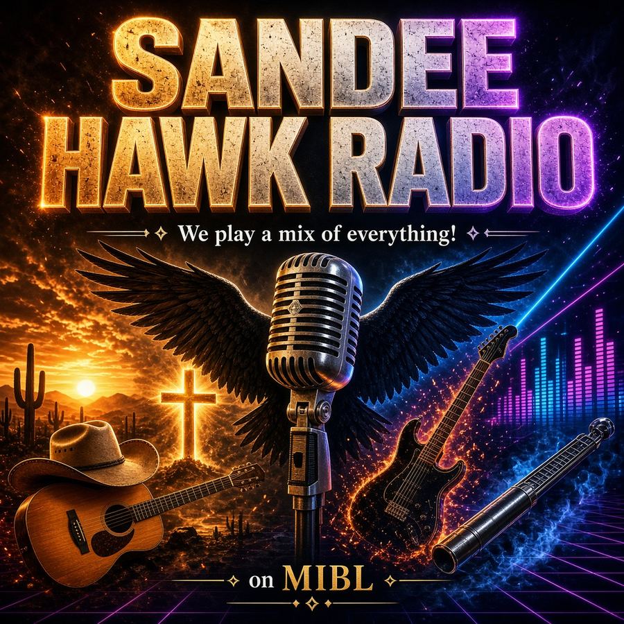 Sandee Hawk Radio cover art: a vintage microphone, acoustic guitar, cross and hawk wings under a sunset sky