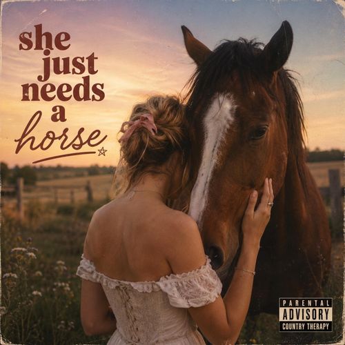 She Just Needs A Horse cover art: a woman resting her face against a horse at sunset