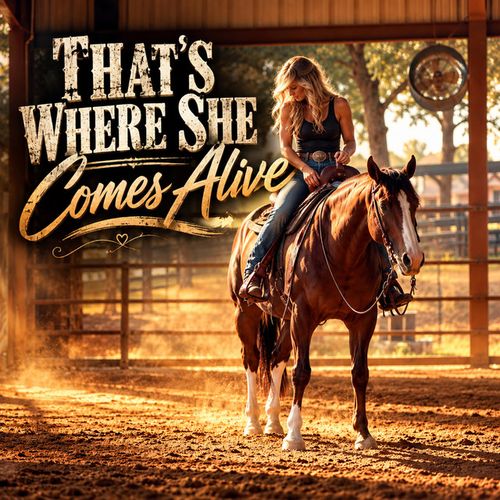 That's Where She Comes Alive cover art: a cowgirl riding a horse in a sunlit arena
