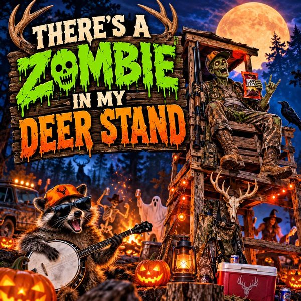 Cover art for There's a Zombie in My Deer Stand: a zombie in a hunting stand under a full moon with jack-o'-lanterns