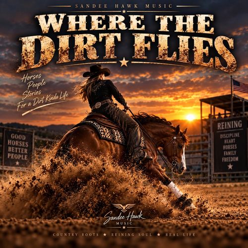 Where the Dirt Flies cover art: a rider on a reining horse kicking up dust at sunset